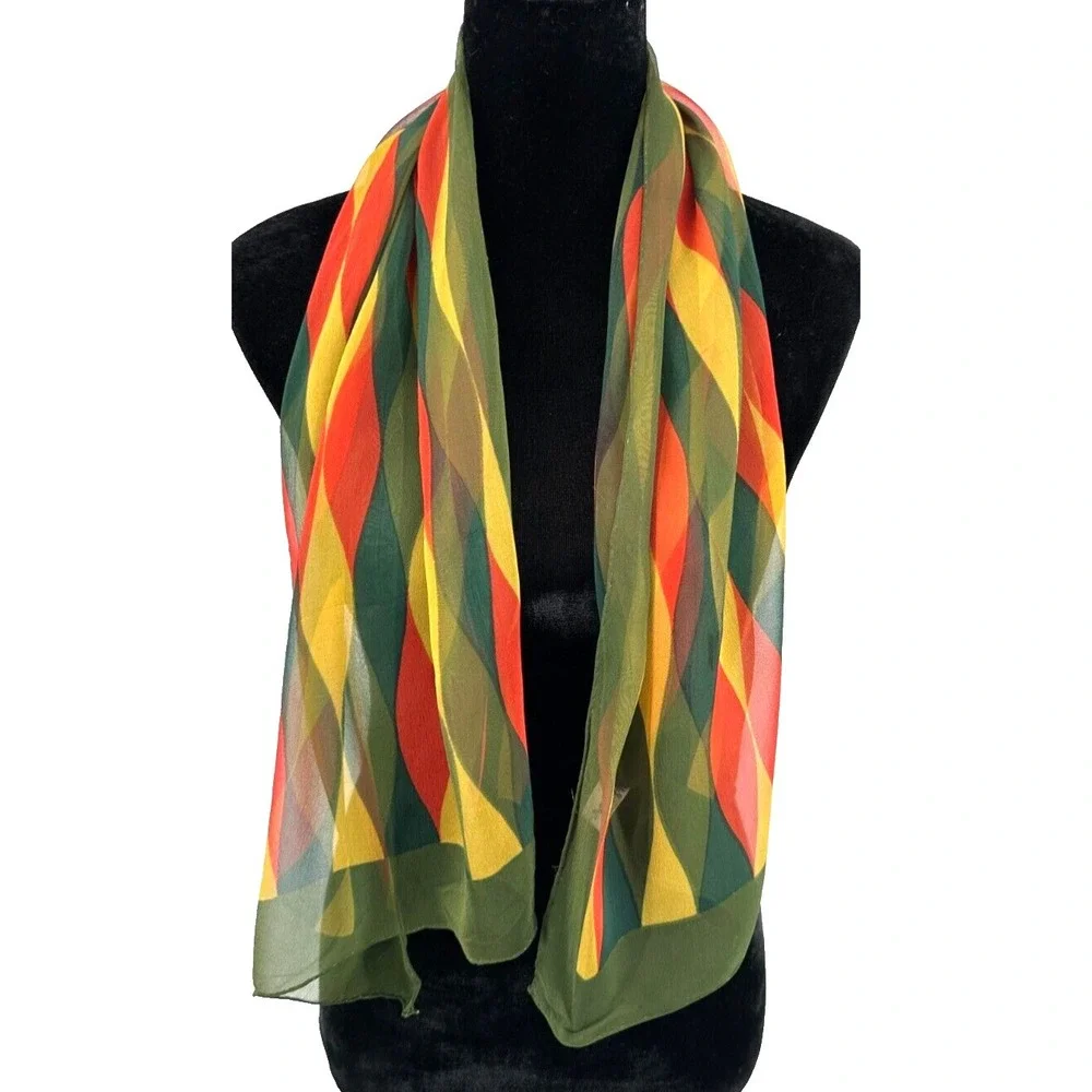 Sally Gee Rectangular Olive Green‎ Retro Geometric Rolled Hem Scarf Japan